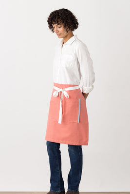 Server Waist Half Apron, Medium Length, Waitress, Waiter, Bartender, Restaurant, Bistro Middly Apron, 20"L, Coral Pink with White Straps, Men and Women-Reluctant Threads
